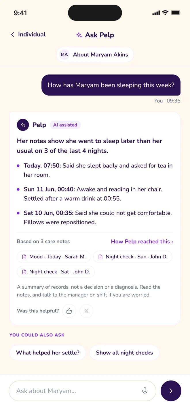 Pelp Staff prototype screen showing an Ask Pelp answer with links to the records it came from.