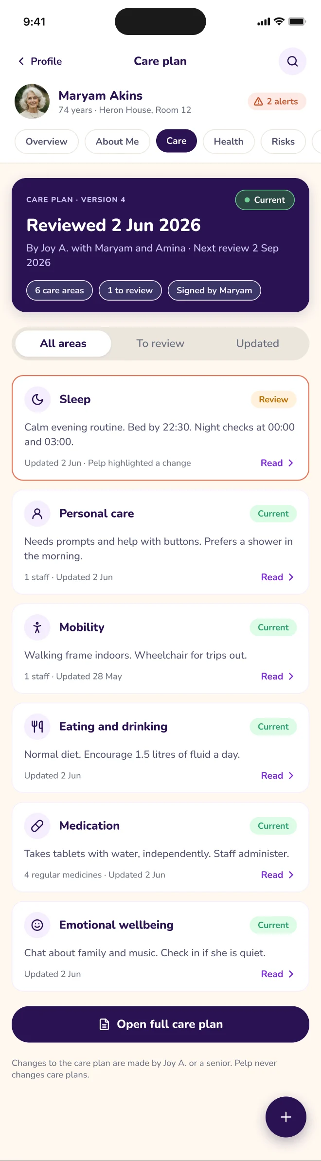 Pelp Staff prototype screen showing sections of an Individual’s care plan.