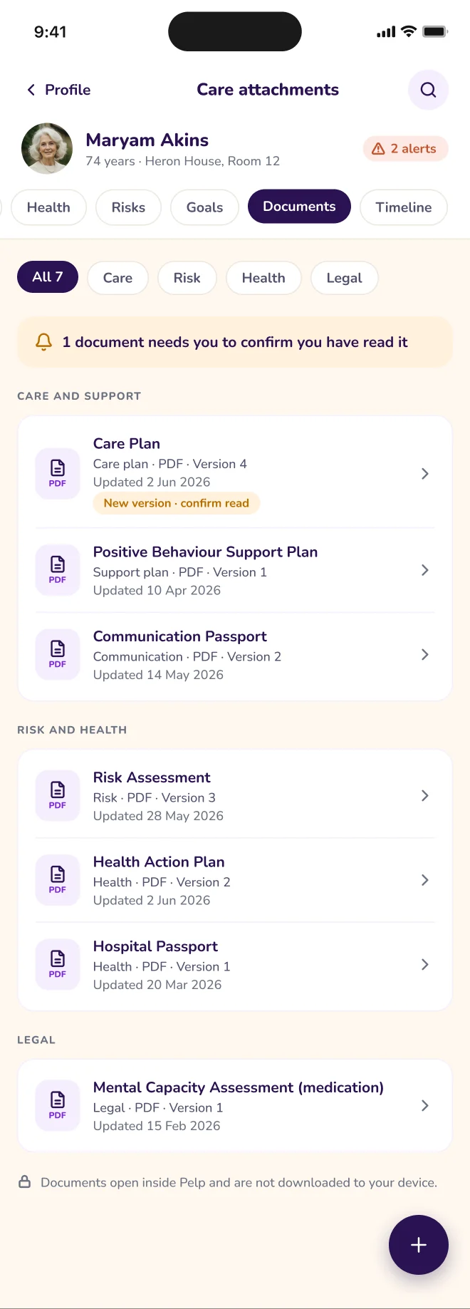 Pelp Staff prototype screen showing an Individual’s documents.
