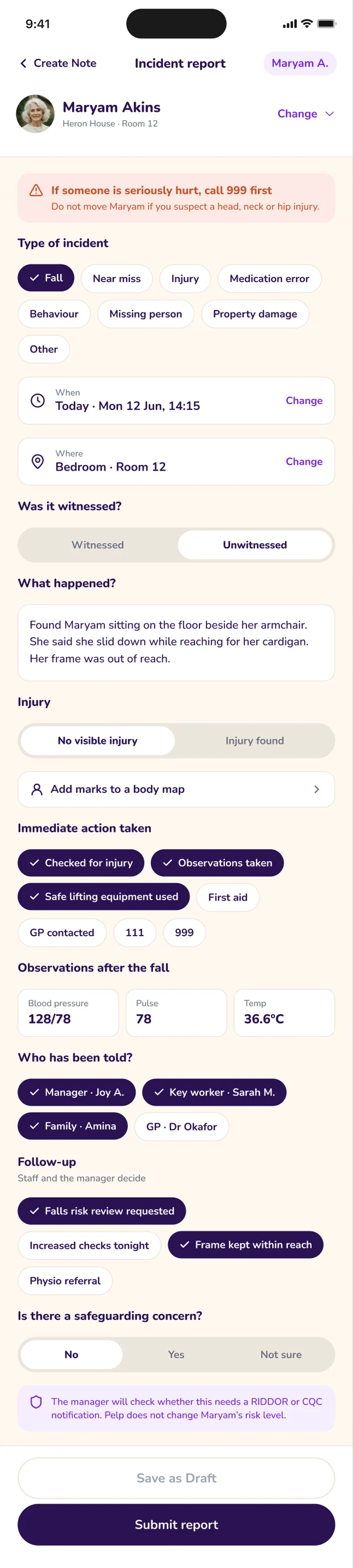 Pelp Staff prototype screen showing an incident report form.