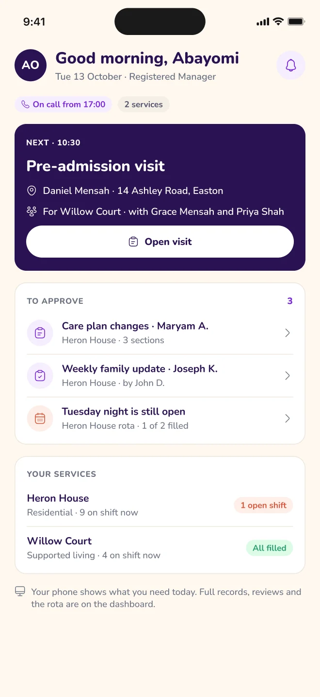 Pelp Staff prototype screen showing a staff member’s day with visits and tasks.