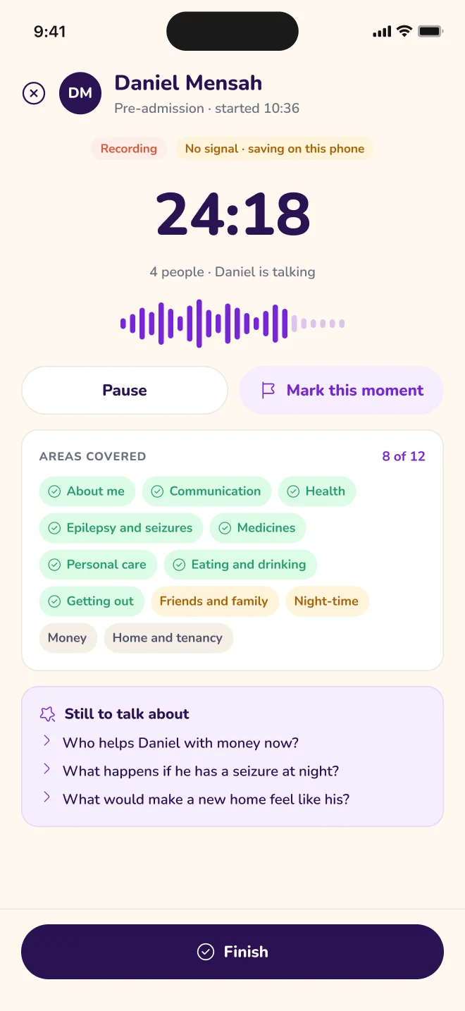 Pelp Staff prototype screen showing an assessment conversation being recorded.